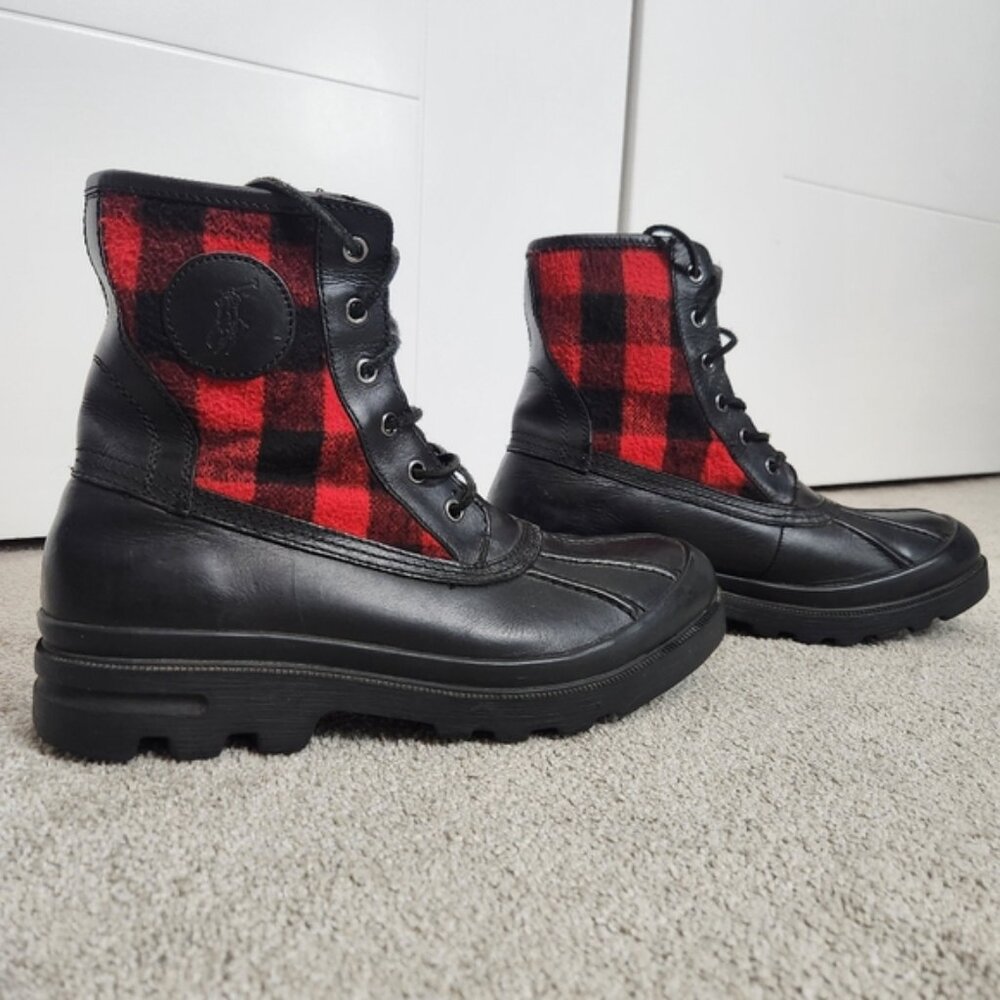 Polo Ralph Lauren Udel Men's Duck Boots Black Red Plaid Size 10.5 - Picture 4 of 12